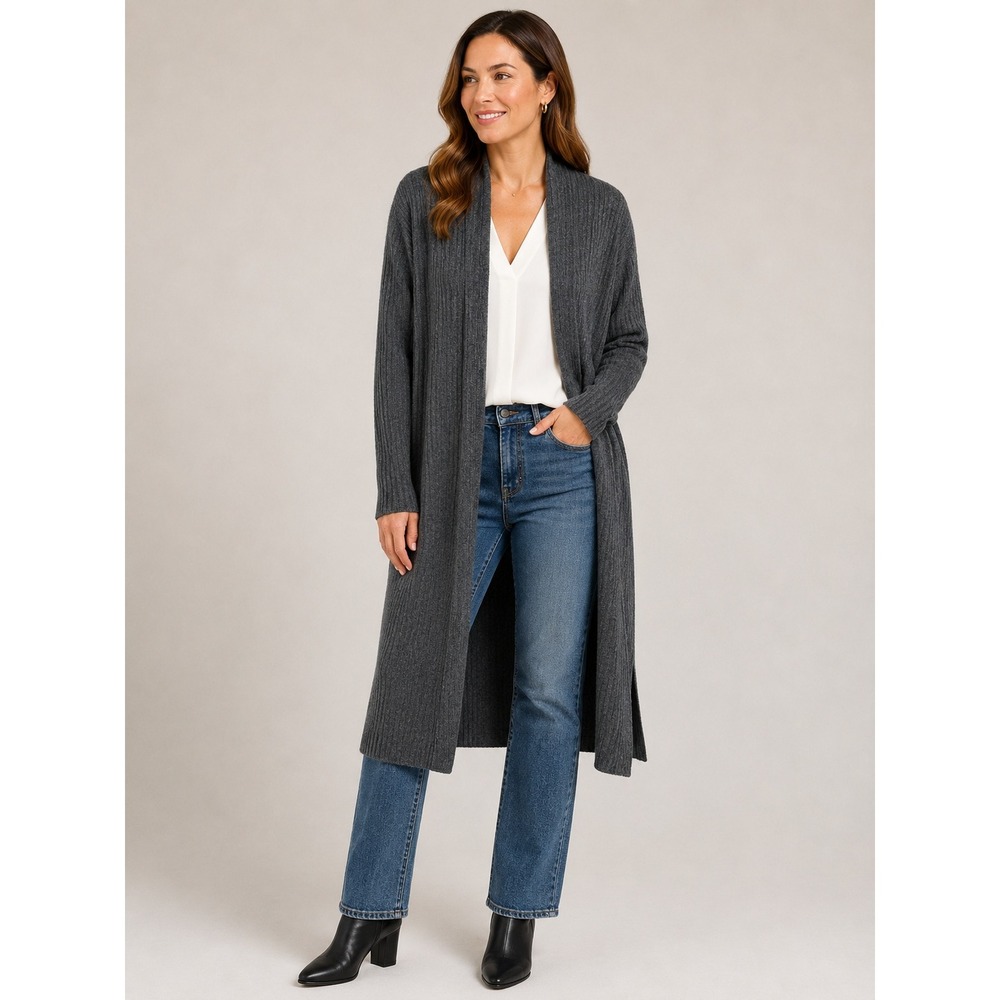 The Cashmere Project Duster Cardigan Women Small Gray 100% Cashmere Ribbed Soft
